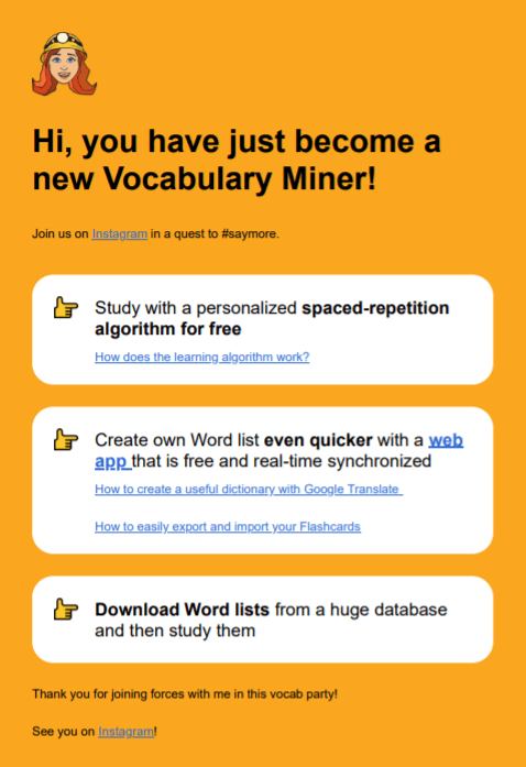 onboarding mail Vocabulary Miner