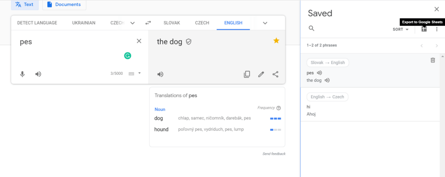 Google Translate screenshot saving to favourites for Flashcards app